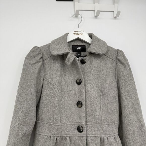 H&M Grey Wool Blend Button Front Peacoat Jacket Coat Size US 4 Preppy - Picture 2 of 11